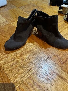 Report Dark Brown Suede Ankle Booties with Stacked Heel